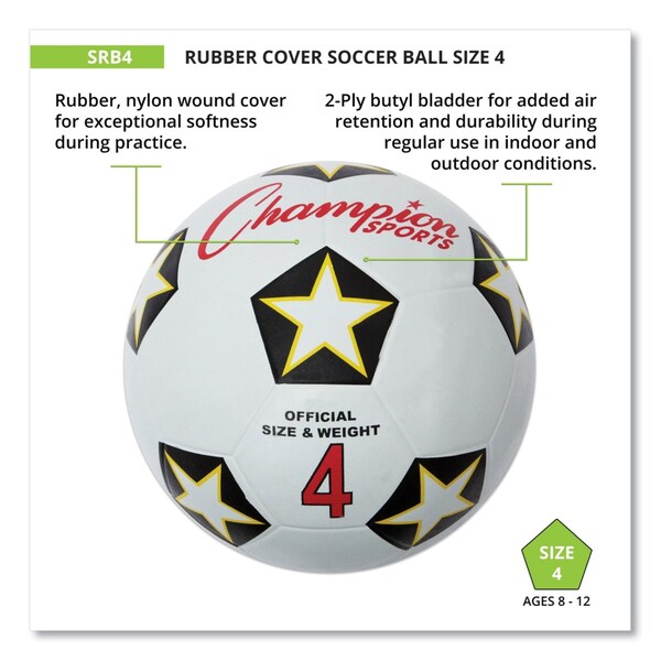 Champion Sports Rubber Sports Ball, For Soccer, No. 4 Size, White/Black - SRB4