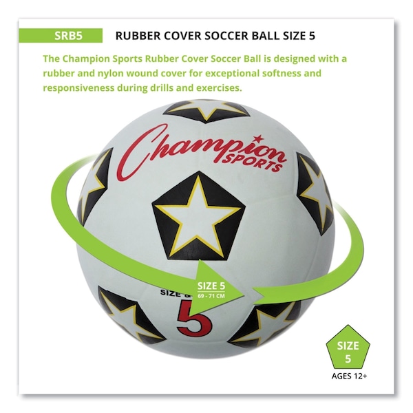 Champion Sports Rubber Sports Ball, For Soccer, No. 5 Size, White/Black - SRB5