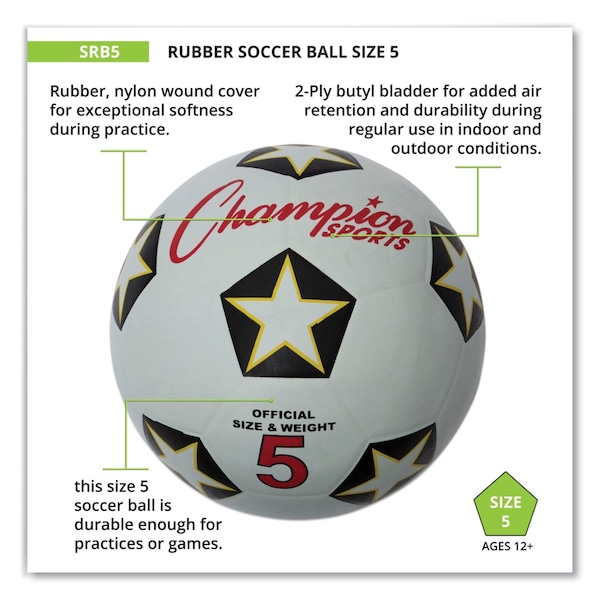 Champion Sports Rubber Sports Ball, For Soccer, No. 5 Size, White/Black - SRB5