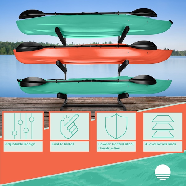 Rad Sportz Kayak Storage Rack - 3-Level Freestanding  Stand with Padded Arms, 300lb Capacity by - 83-7001