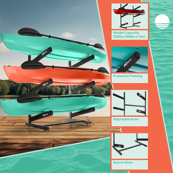 Rad Sportz Kayak Storage Rack - 3-Level Freestanding  Stand with Padded Arms, 300lb Capacity by - 83-7001
