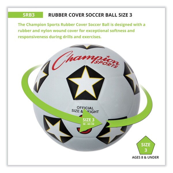 Champion Sports Rubber Sports Ball, For Soccer, No. 3 Size, White/Black - SRB3