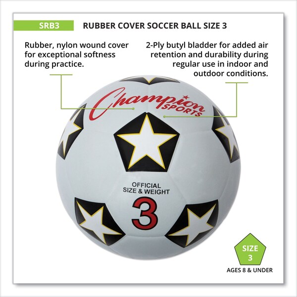 Champion Sports Rubber Sports Ball, For Soccer, No. 3 Size, White/Black - SRB3