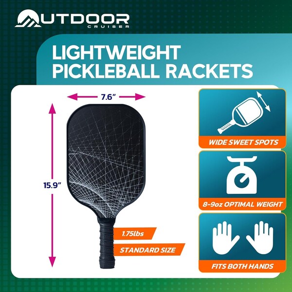 Outdoorcruiser Outdoor Cruiser Pickleball Set, USAPA Approved, Carbon Fiber Paddles, 2 Rackets, 4 Balls, Sling Bag - OCCPKB20