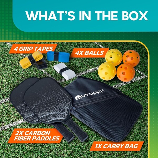 Outdoorcruiser Outdoor Cruiser Pickleball Set, USAPA Approved, Carbon Fiber Paddles, 2 Rackets, 4 Balls, Sling Bag - OCCPKB20