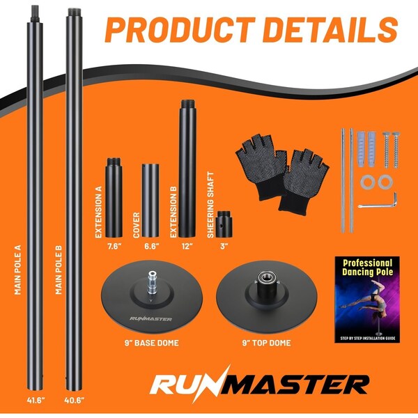 Runmaster Premium 45mm Dance Pole Kit, Spinning and Static, Portable Steel with Silicone Protection, Black - HMDANBLA