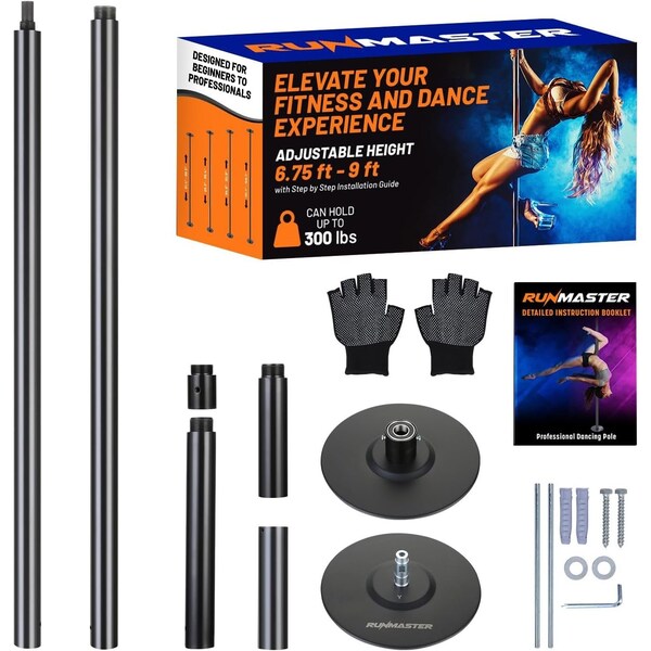 Runmaster Premium 45mm Dance Pole Kit, Spinning and Static, Portable Steel with Silicone Protection, Black - HMDANBLA