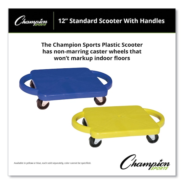 Champion Sports Scooter with Handles, Blue/Yellow, 4 Rubber Swivel Casters, Plastic, 12 x 12 - PGH12