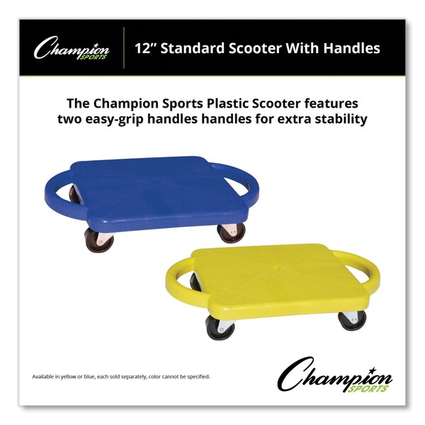 Champion Sports Scooter with Handles, Blue/Yellow, 4 Rubber Swivel Casters, Plastic, 12 x 12 - PGH12