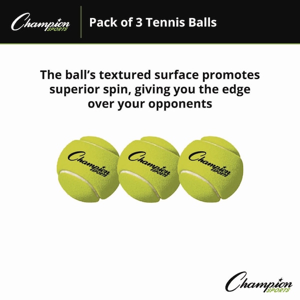 Champion Sports Tennis Balls, 2.5" Diameter, Yellow, PK3 - TB3