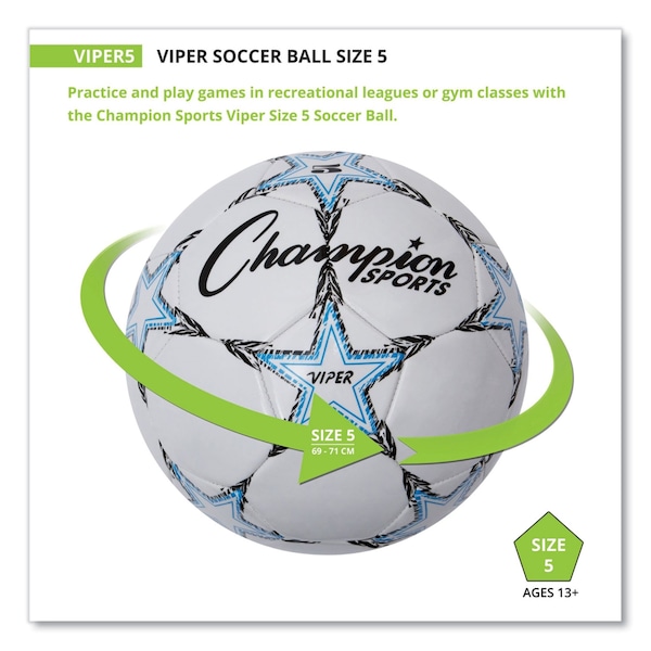 Champion Sports VIPER Soccer Ball, No. 5. Size, 8.5" to 9" Diameter, White - VIPER5