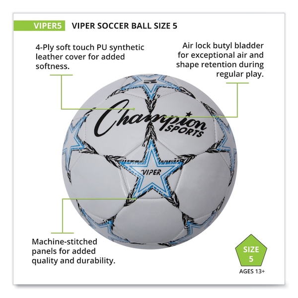 Champion Sports VIPER Soccer Ball, No. 5. Size, 8.5" to 9" Diameter, White - VIPER5