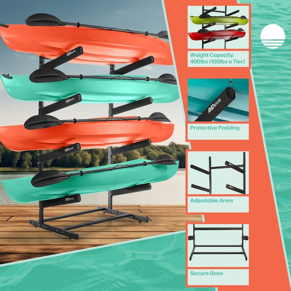 Rad Sportz Kayak Storage Rack - 4-Level Freestanding Stand with Padded Arms, 400lb Capacity by - 83-7002