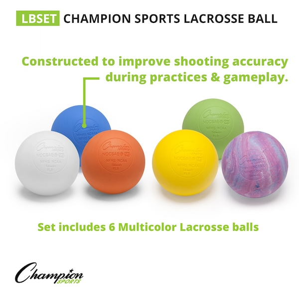 Champion Sports Official Lacrosse Ball Set, 6 Assorted Colors - LBSET