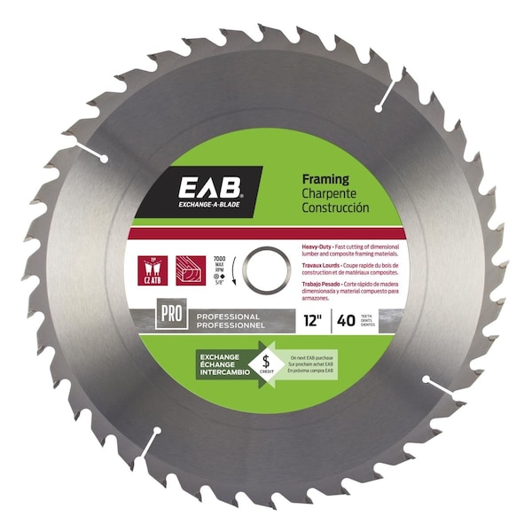 Inserciones 12 in. x 40 Teeth Framing Professional Recyclable Exchangeable Saw Blade - IN3360291