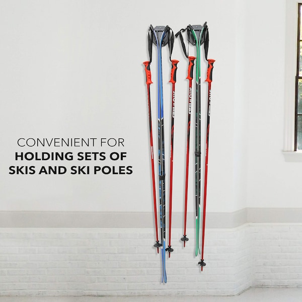 Raxgo Wall Mounted Ski Rack, Ski Wall Mount for 2 Pairs of Skis & Poles or Snowboard, Set of 2 Hooks - RGWMSR2PCK