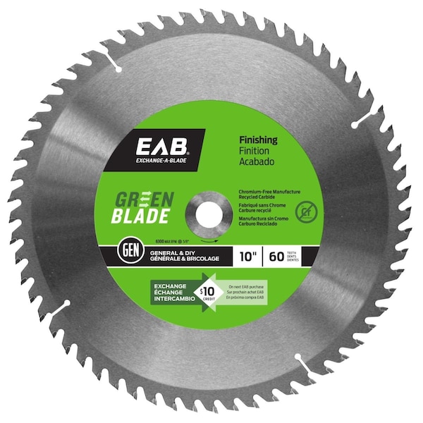 Inserciones 10 in. x 60 Teeth Finishing Green Blade Saw Blade - Recyclable Exchangeable - IN3360307