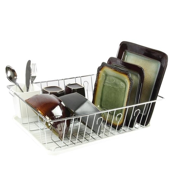 Megachef Megachef DR-102 17.5 in. Single Level Dish Rack with 14 Plate Positioners & Detachable Utensil Holder; White - DR-102