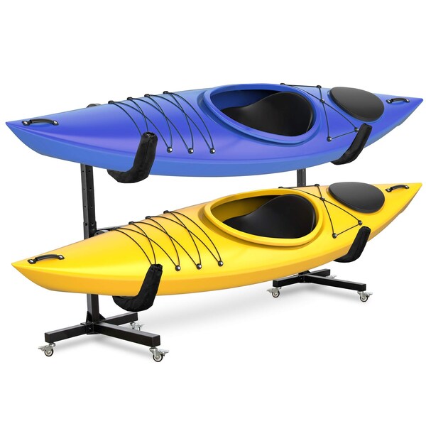 Raxgo Freestanding Kayak Storage Rack, Indoor & Outdoor Kayak Stand with Wheels, for 2 Kayaks - RGFSKRWW