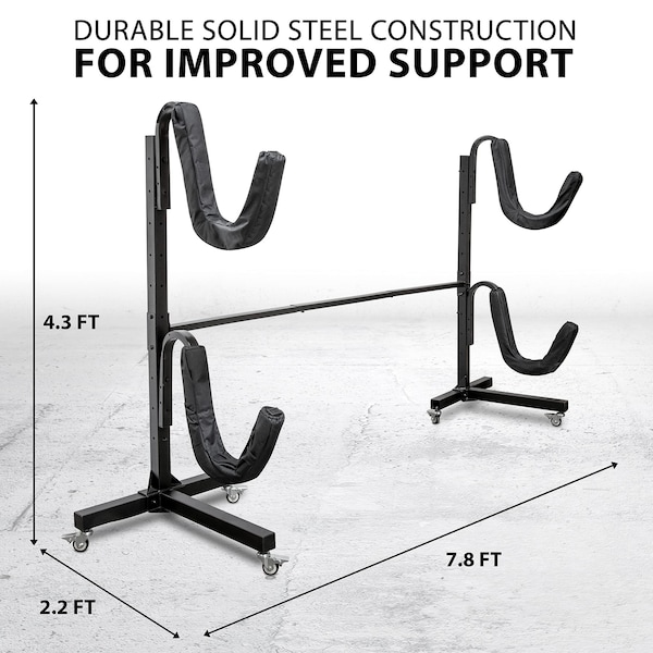 Raxgo Freestanding Kayak Storage Rack, Indoor & Outdoor Kayak Stand with Wheels, for 2 Kayaks - RGFSKRWW