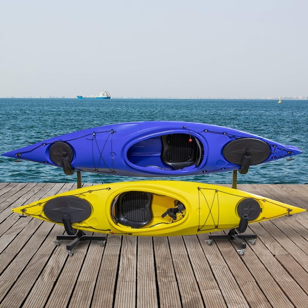 Raxgo Freestanding Kayak Storage Rack, Indoor & Outdoor Kayak Stand with Wheels, for 2 Kayaks - RGFSKRWW