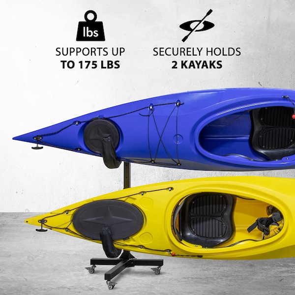 Raxgo Freestanding Kayak Storage Rack, Indoor & Outdoor Kayak Stand with Wheels, for 2 Kayaks - RGFSKRWW