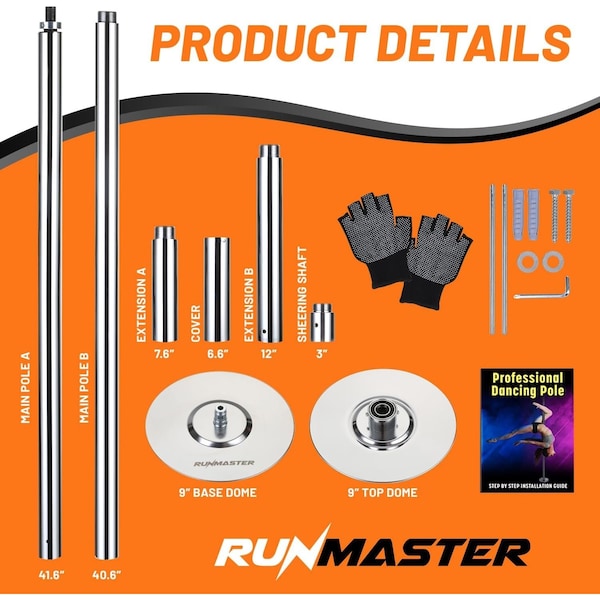 Runmaster Premium 45mm Dance Pole Kit, Spinning and Static, Portable Steel with Silicone Protection, Silver - HMDANCS4