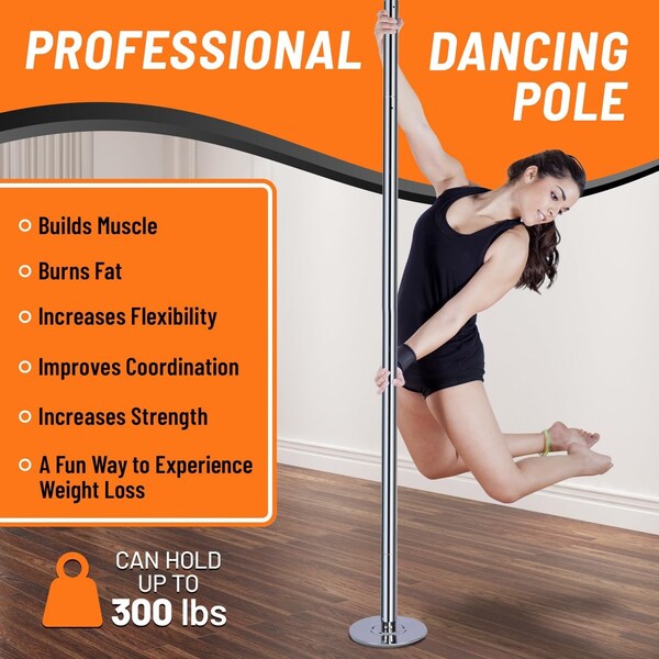 Runmaster Premium 45mm Dance Pole Kit, Spinning and Static, Portable Steel with Silicone Protection, Silver - HMDANCS4