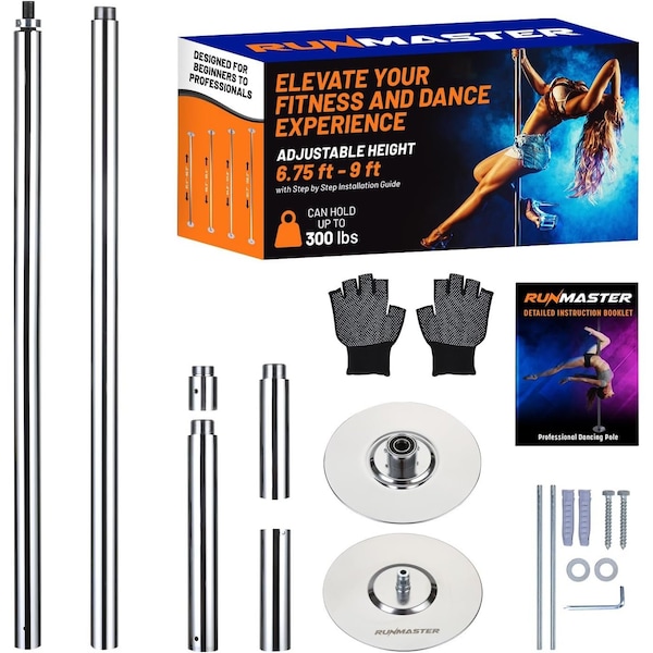 Runmaster Premium 45mm Dance Pole Kit, Spinning and Static, Portable Steel with Silicone Protection, Silver - HMDANCS4