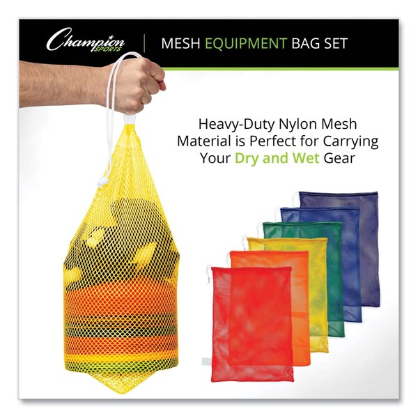 Champion Sports Heavy-Duty Mesh Bag, 12 in. x 18 in., Gold, Green, Orange, Purple, Royal Blue, Scarlet Red, 6/Set - MB18SET