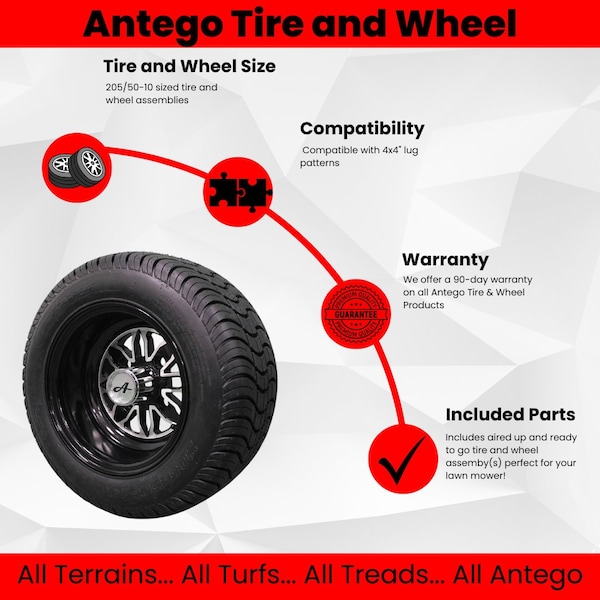 Antego 205/50-10 with 10x7 Fusion Glossy Black Wheels for Golf Cart Set of 4, 4PK - A107013900916042055010
