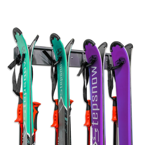 Raxgo Wall Mounted Ski Rack, Ski Wall Mount for 4 Pairs of Skis & Poles or Snowboard, Set of 4 Hooks - RGWMSR4H
