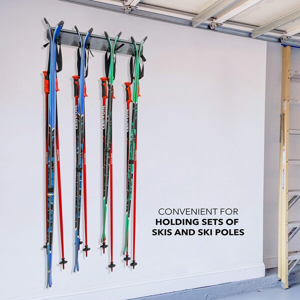 Raxgo Wall Mounted Ski Rack, Ski Wall Mount for 4 Pairs of Skis & Poles or Snowboard, Set of 4 Hooks - RGWMSR4H
