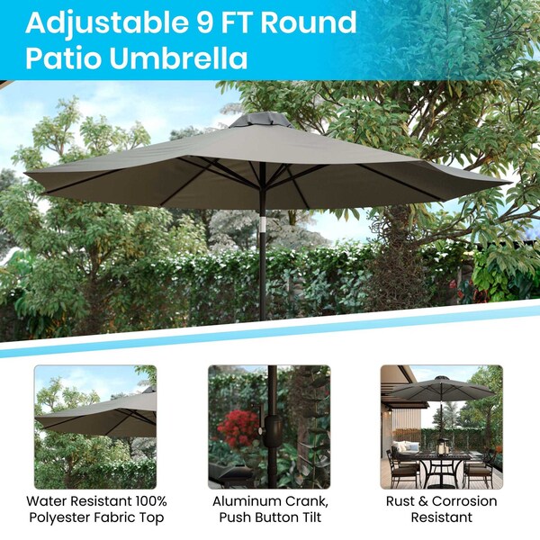 Flash Furniture Faux Teak 35" Patio Table-Gray Umbrella & Base - XU-DG-UH8100-UB19BGY-GG