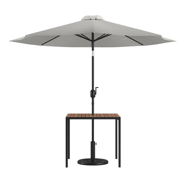 Flash Furniture Faux Teak 35" Patio Table-Gray Umbrella & Base - XU-DG-UH8100-UB19BGY-GG