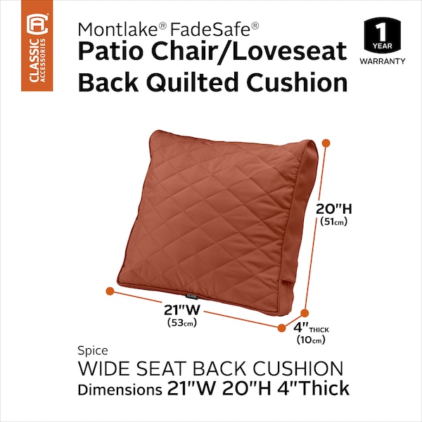 Classic Accessories Montlake FadeSafe Patio Chair/Loveseat Back Quilted Cushion, 21x20x4 Inch, Spice - 62-058-QSPICE-EC