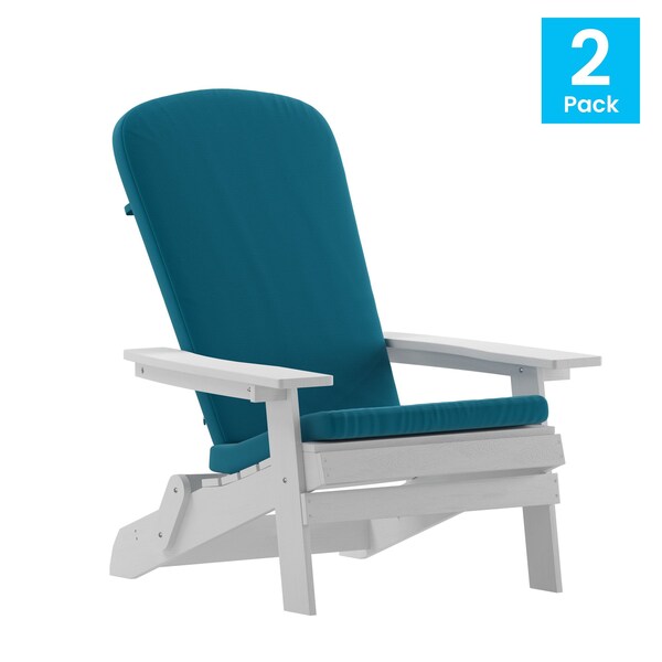 Flash Furniture White Folding Adirondack Chairs-Teal Cushions, 2PK - 2-JJ-C14505-CSNTL-WH-GG