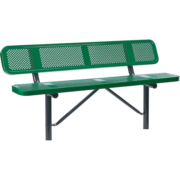 Global Industrial 6ft Outdoor Steel Bench w/ Backrest, Perforated Metal, In Ground Mount, Green - 694557IGN