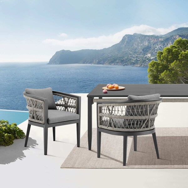 Armen Living Zella Outdoor Patio Dining Chair in Aluminum with Light Gray Rope and Earl Gray Cushions - Set of 2 - LCZESIGRY