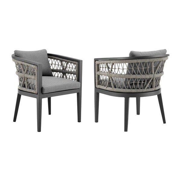 Armen Living Zella Outdoor Patio Dining Chair in Aluminum with Light Gray Rope and Earl Gray Cushions - Set of 2 - LCZESIGRY
