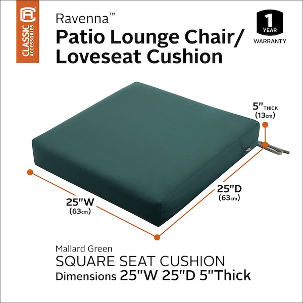 Classic Accessories Ravenna Seat Cushion, Mallard Green, 25"x25"x5" - 62-020-MGREEN-EC