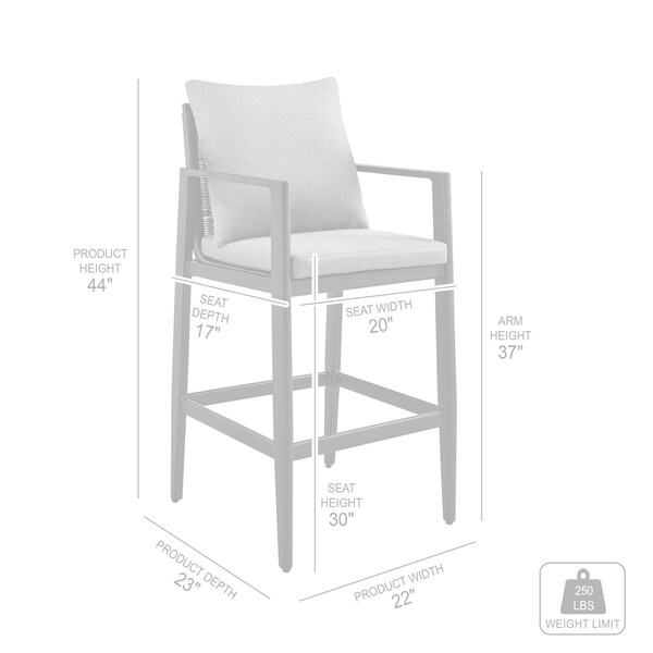 Armen Living Grand Outdoor Patio Bar Stool in Aluminum with Gray Cushions - 840254332669