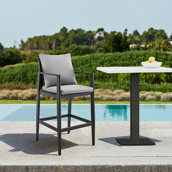 Armen Living Grand Outdoor Patio Bar Stool in Aluminum with Gray Cushions - 840254332669