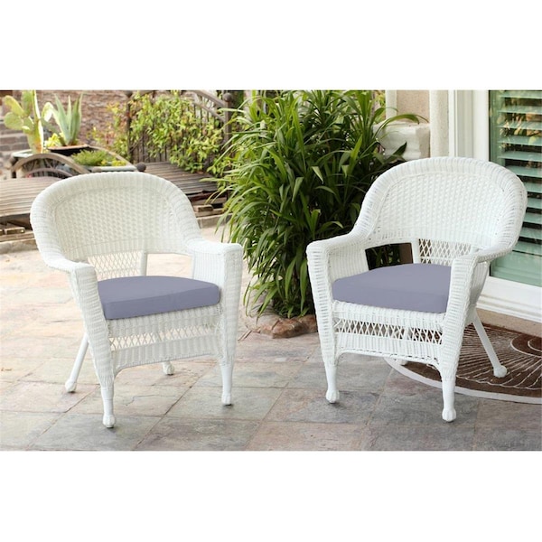 Jeco W00206-C-2-FS033-CS White Wicker Chair with Steel Blue Cushion, 2PK - W00206-C_2-FS033-CS