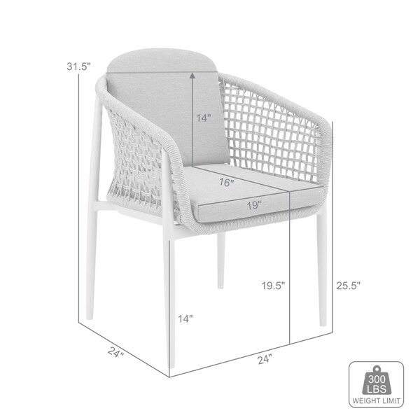 Armen Living Rhodes Outdoor Patio Dining Chair in Aluminum with Light Gray Rope and Cushions - Set of 2 - LCRHSILGRY