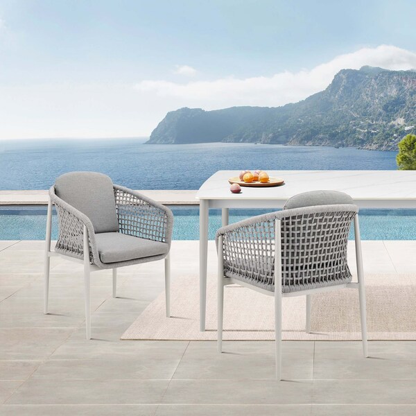 Armen Living Rhodes Outdoor Patio Dining Chair in Aluminum with Light Gray Rope and Cushions - Set of 2 - LCRHSILGRY