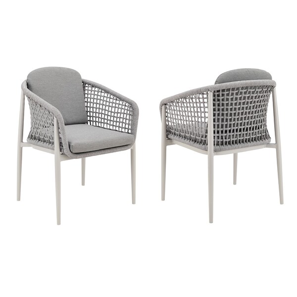 Armen Living Rhodes Outdoor Patio Dining Chair in Aluminum with Light Gray Rope and Cushions - Set of 2 - LCRHSILGRY