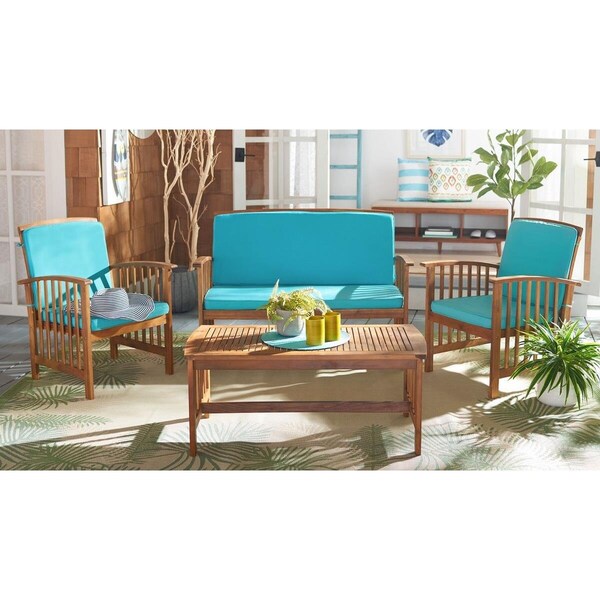Safavieh Rocklin 4 Piece Outdoor Set, Natural & Aqua - PAT7007Q