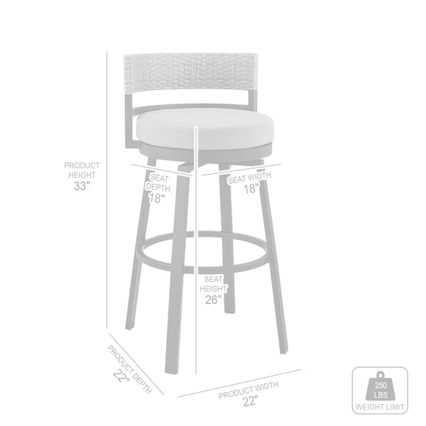 Armen Living Encinitas Outdoor Patio Counter Height Swivel Bar Stool in Aluminum and Wicker with Gray Cushions - LCECBAGR26