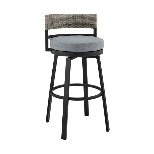 Armen Living Encinitas Outdoor Patio Counter Height Swivel Bar Stool in Aluminum and Wicker with Gray Cushions - LCECBAGR26